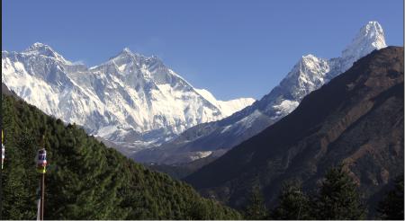The peaks of Mount Everest, Lhotse and Amadablam, pictured in a row.