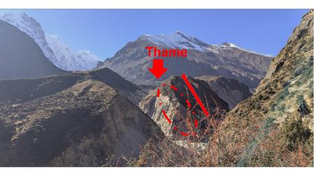 Sedimentary cliffs surround Thame, with taller snowclad peaks in the background. Bare sediments rests on a former walking path, with a new path climbing steeply up a hill.