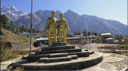 Golden statue of Edmund Hilary and Tenzing Norgay Sherpa.