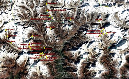 Satellite imagery of the Khumbu region, centered around Namche Bazaar. Thirty pins mark sites of glacier lakes in the snowy landscape.