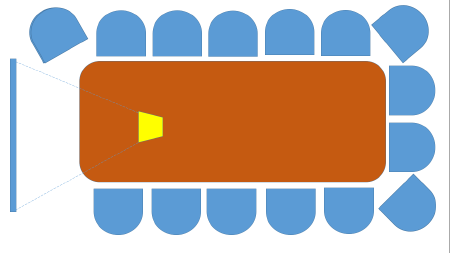 An abstract, illustrated representation of a meeting table and chairs surrounding it, with a projector facing towards a wall